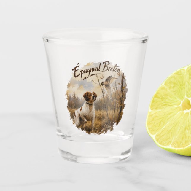 Bretonischer Spaniel und Waldschnepfe  Schnapsglas (Vorderseite)