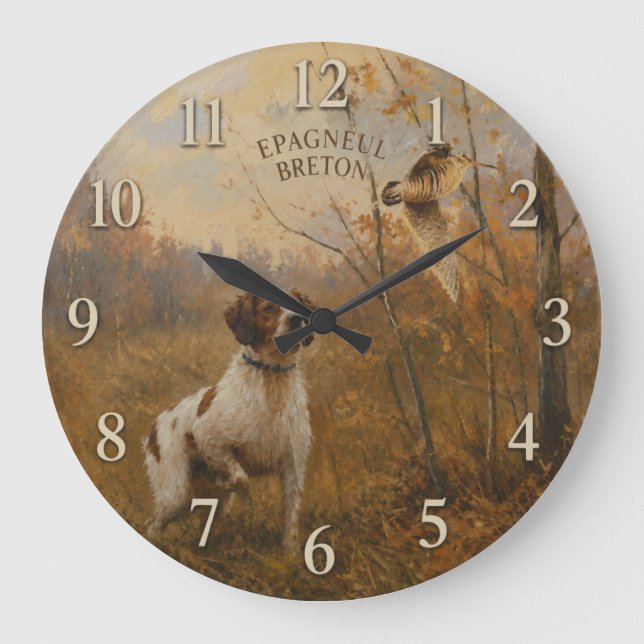 Bretonischer Spaniel – Waldschnepfenjagd Kunst Große Wanduhr (Vorderseite)
