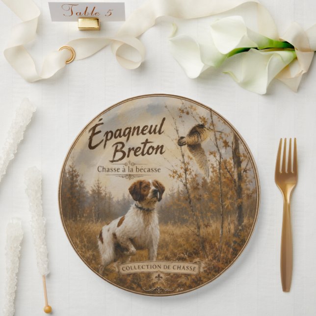 Bretonischer Spaniel – Waldschnepfenjagd Kunst Pappteller (Hochzeit)