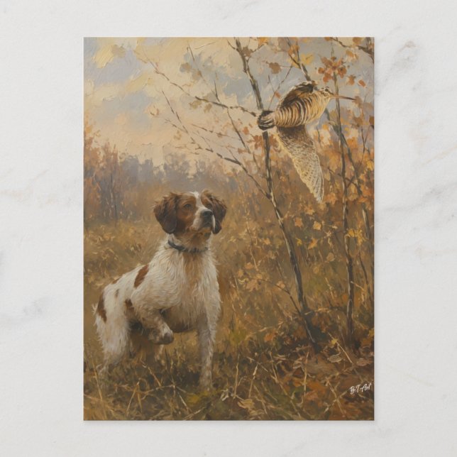 Bretonischer Spaniel – Waldschnepfenjagd Kunst Postkarte (Vorderseite)