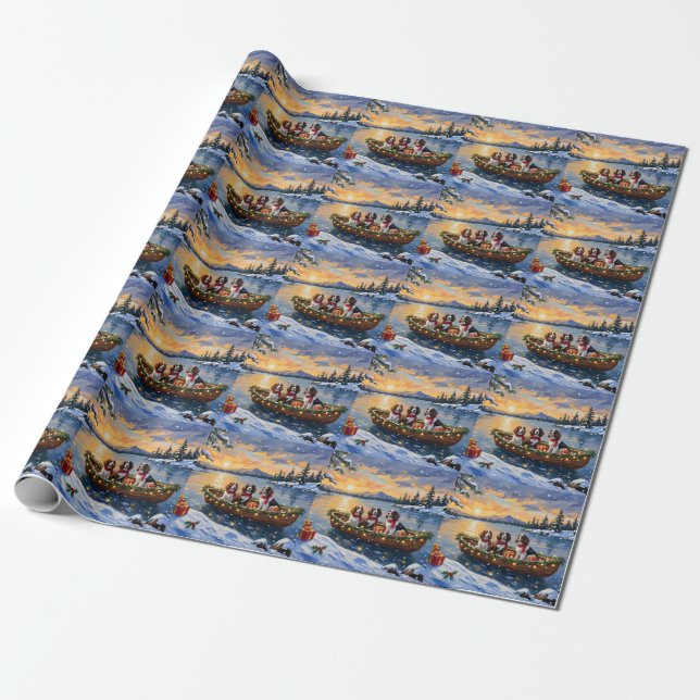 Bretonischer Spaniel Weihnachtsboot Urlaub Geschenkpapier (Ungerollt)
