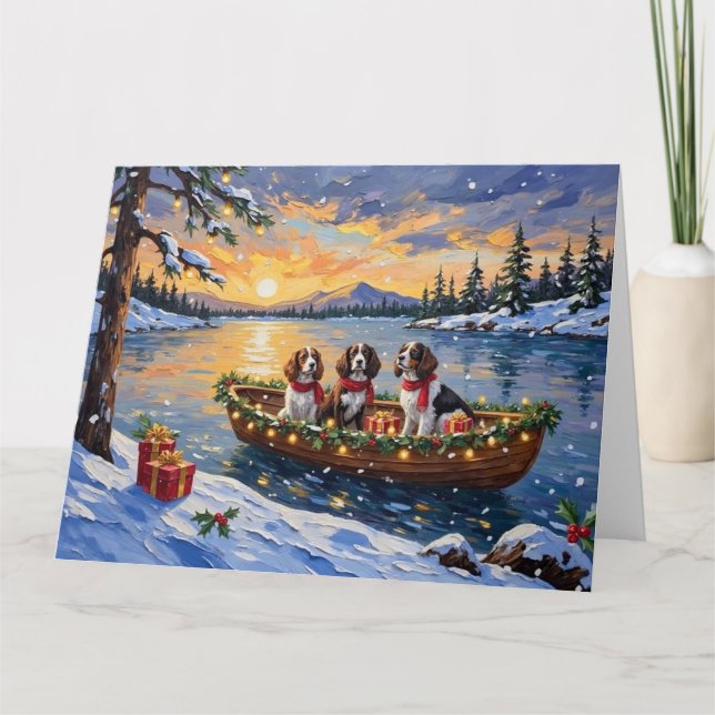 Bretonischer Spaniel Weihnachtsboot Urlaub Karte (Vorderseite)