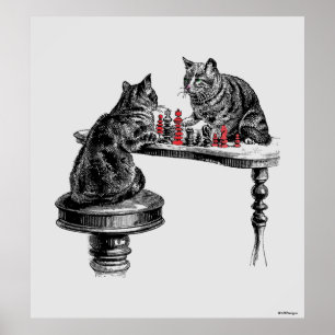 Brettspiele Zwei Katzen spielen Schachpartie Rot Poster