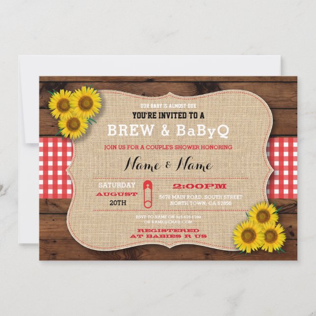 Brew & BABYQ Red Baby Shower Burlap Sonnenblume Einladung (Vorderseite)