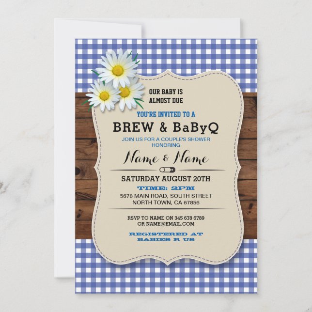 Brew und BABYQ Baby Dusche Blue Wood Daisy Einladu Einladung (Vorderseite)