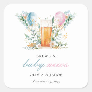 Brews & Baby News Gender Reveal Party Quadratischer Aufkleber