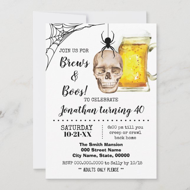Brews & Boos Halloween Adult Birthday Schäferbier Einladung (Vorderseite)