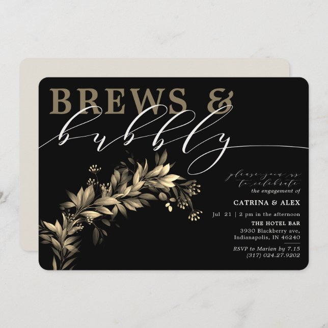 Brews bubbly Black Beig Greenery Engagement Party Einladung (Vorne/Hinten)