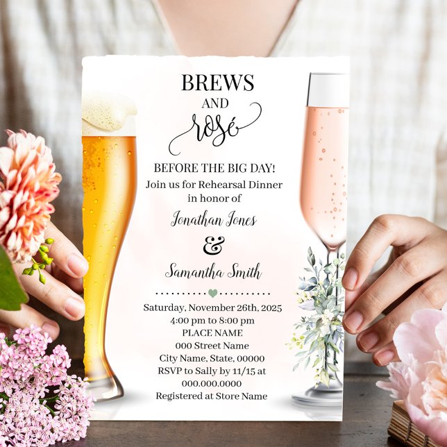 Brews & Rose vor der großen Probe Grüne Einladung (Brews and Rose Before Big Day Rehearsal Dinner Invitation, Greenery Wedding, Couples Shower)