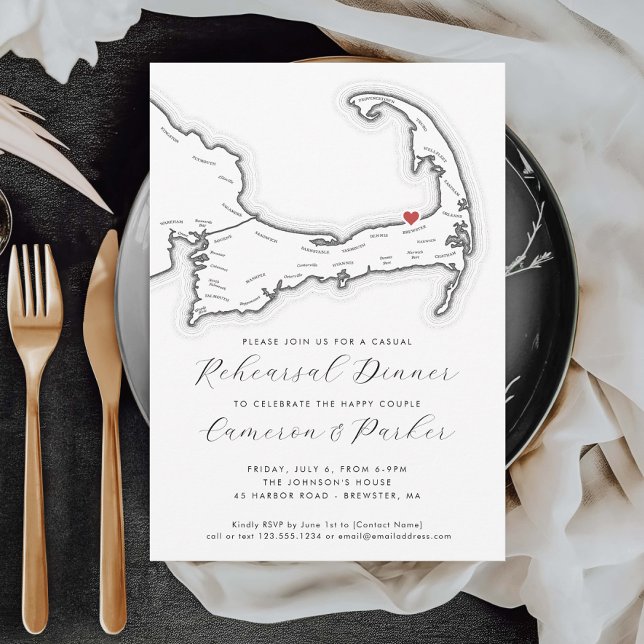 Brewster MA Lässig Hochzeit Probe Dinner Einladung (Brewster MA Casual Wedding Rehearsal Dinner Invitation in Black and White from Coastal Map Designs)