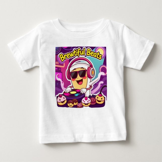 "Brewtiful Beats - DJ Coffee Cup Cartoon Sticker" Baby T-shirt (Vorderseite)
