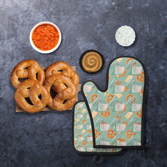 Brezel, Brot und Mischungen grün-blau Ofenhandschuh & Topflappen-Set (Von Creator hochgeladen)