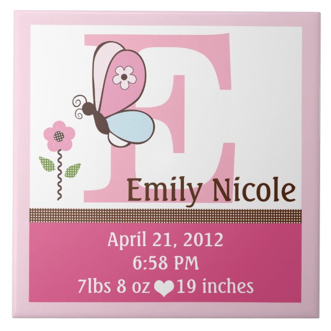 Bria Butterfly Letter Name Birth Info Tile Fliese (Vorderseite)