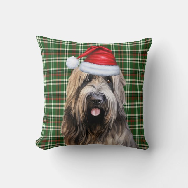 Briard Shepherd Green Kariert Weihnachtsfeiertag Kissen (Vorderseite)