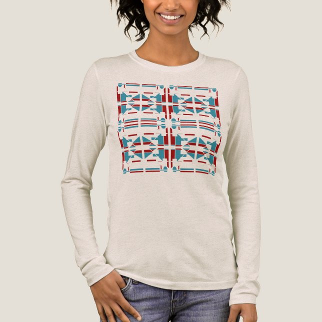 Brick Red Blue Southwest Art Large Tile Design Tri-Blend Shirt (Vorderseite)
