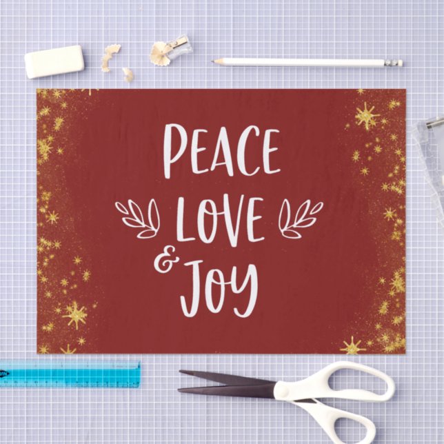 Brick Red Peace Liebe JoChristmas Gold Stars Seidenpapier (Handwerk)