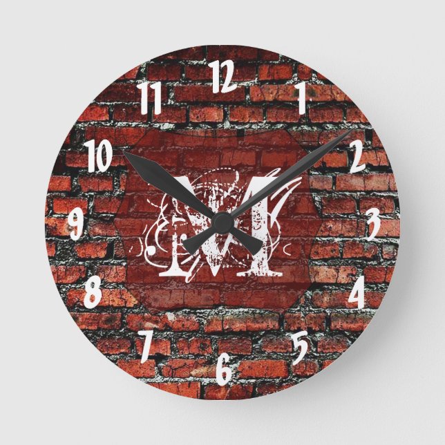 Brick Wall Grunge Monogramm erste Wall Clock Runde Wanduhr (Vorderseite)