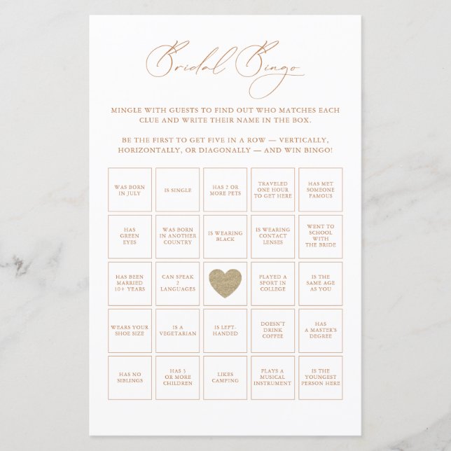Bridal Bingo Elegantes Brautparty Spiel (Vorderseite)