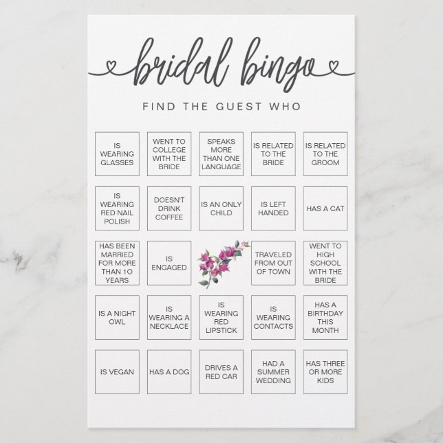 Bridal Bingo Finden Sie das Gast-Brautparty-Spiel (Vorderseite)