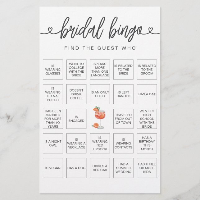 Bridal Bingo Finden Sie das Gast-Brautparty-Spiel (Vorderseite)