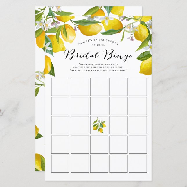 Bridal Bingo, Lemon Brautparty Bingo Games (Vorne/Hinten)