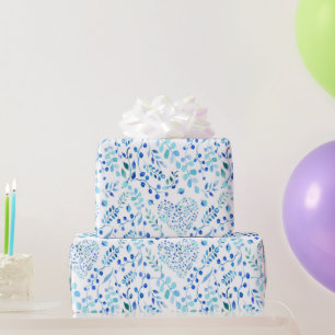 Bridal Blue Watercolor Blätter und Herzformen Geschenkpapier