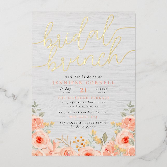 Bridal Brunch | Aquarellfarbene Rose und Chic Scri Folieneinladung (Vorderseite)
