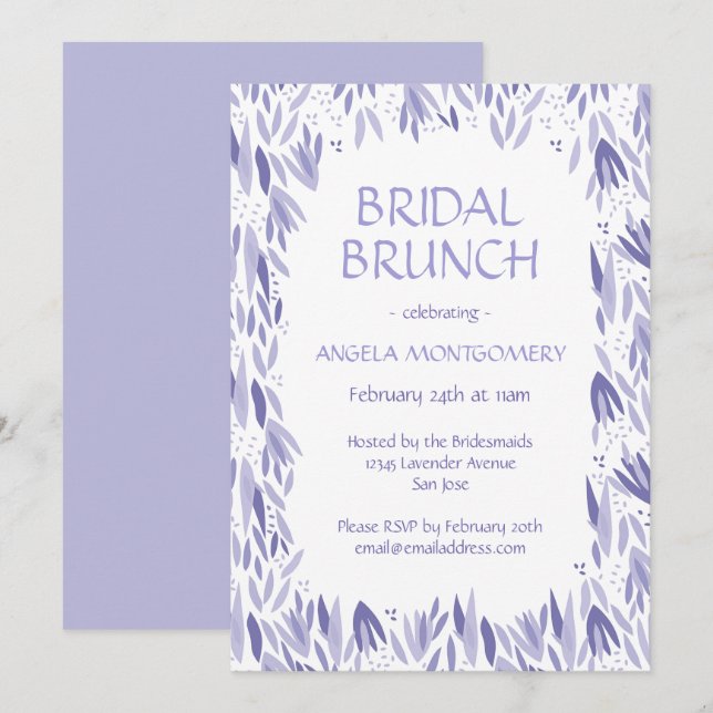 Bridal Brunch Lavendel Blätter Muster Einladung (Vorne/Hinten)