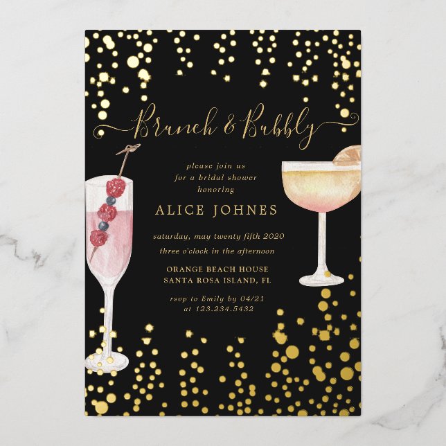 Bridal-Brunch mit vergoldeten Cocktails in Gold Gl Folieneinladung (Vorderseite)