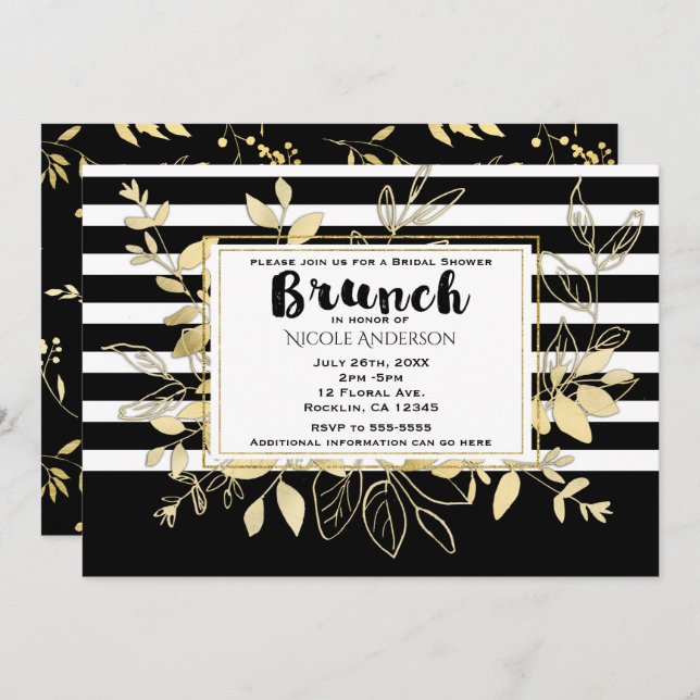 Bridal BRUNCH, Moderner Schwarzer Glamour Einladung (Vorne/Hinten)