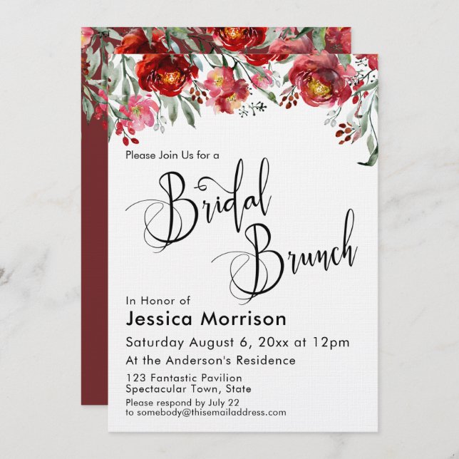 Bridal Brunch Typografie Burgundy Red Floral Einladung (Vorne/Hinten)