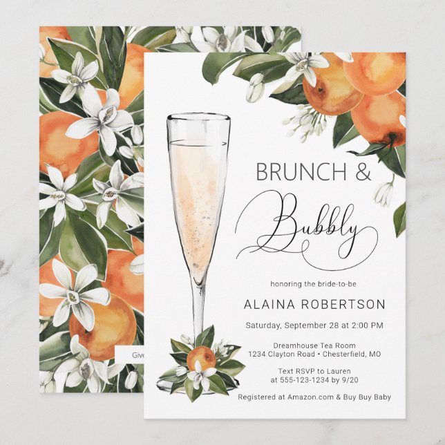 Bridal Brunch und Bubbly Orange Blossom Mimosa Einladung (Vorne/Hinten)
