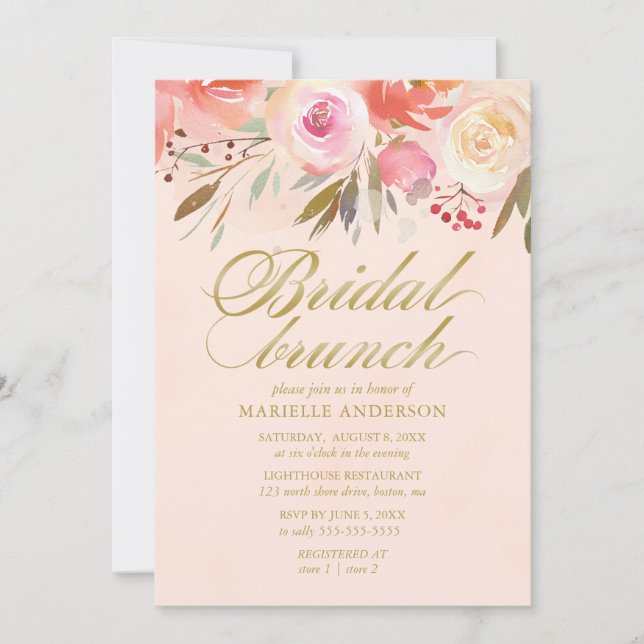 Bridal Brunch Wasserfarbe Blush Gold Script Einladung (Vorderseite)