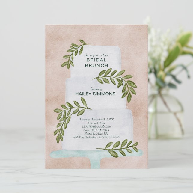 Bridal Brunch Wasserfarbe Hochzeitskuchen mit Grün Einladung (Stehend Vorderseite)