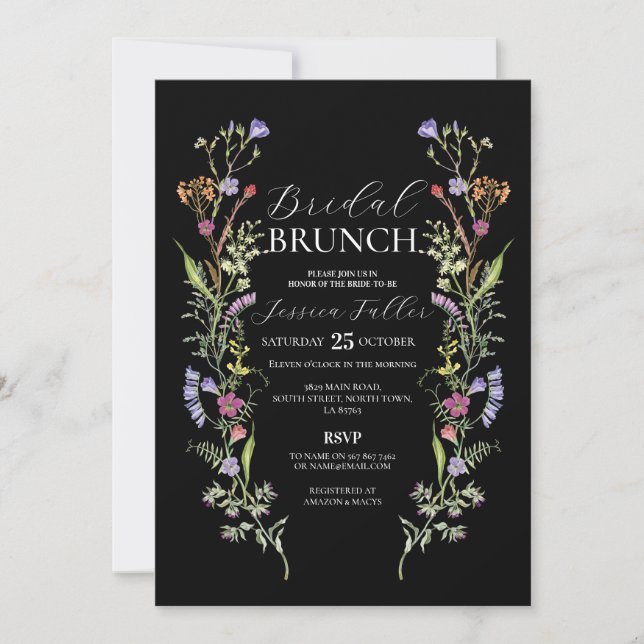 Bridal Brunch Wildblumen Floral Ditsy Dark Einladung (Vorderseite)