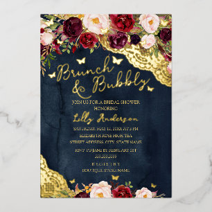 Bridal Burgundy Navy Gold Lace Brunch und Bubbly Folieneinladung