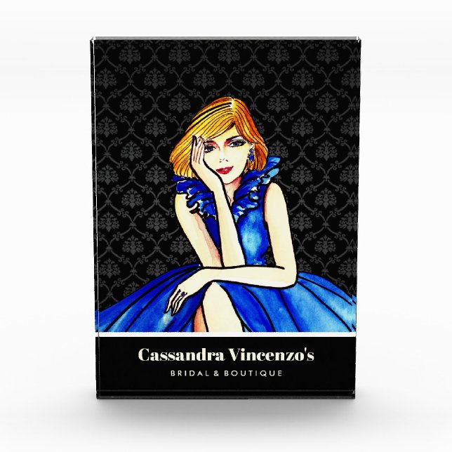 Bridal Dark Royal Blue Cocktail Gown Black Damask Fotoblock (Vorderseite)