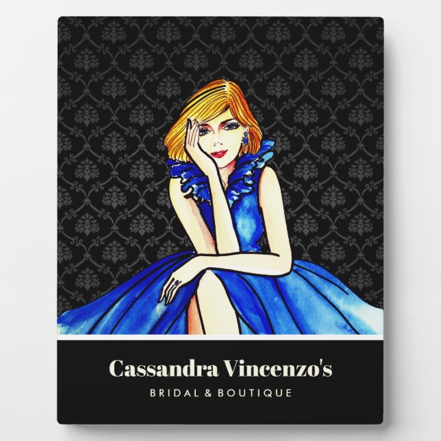 Bridal Dark Royal Blue Cocktail Gown Black Damask Fotoplatte (Vorderseite)