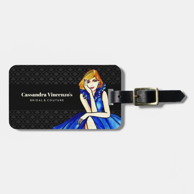 Bridal Dark Royal Blue Cocktail Gown Black Damask Gepäckanhänger (Vorderseite horizontal)