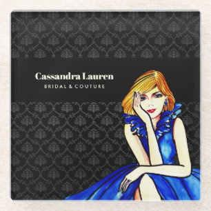 Bridal Dark Royal Blue Cocktail Gown Black Damask Glasuntersetzer