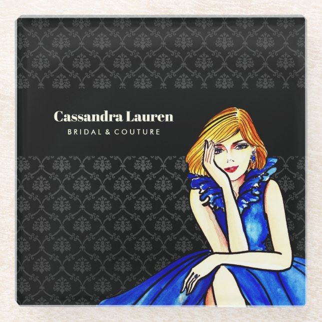 Bridal Dark Royal Blue Cocktail Gown Black Damask Glasuntersetzer (Vorderseite)