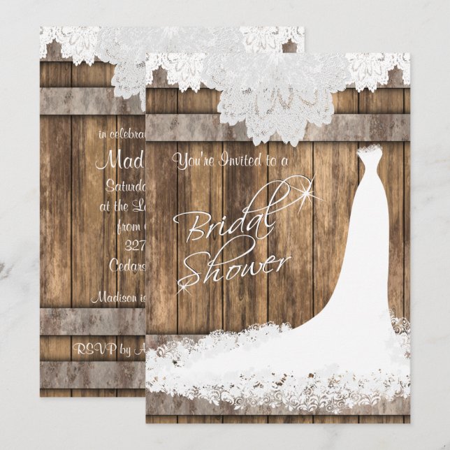 Bridal 👰 Dusche in rustikalem Holz und weißer Spi Einladung (Vorne/Hinten)