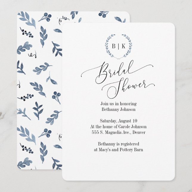 Bridal-Duscheinladung mit blauem Lorbeermonogramm Einladung (Vorne/Hinten)