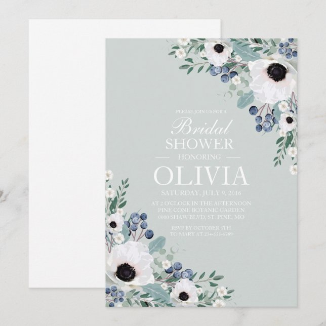 Bridal Einladung weißes Anemon Saline grün (Vorne/Hinten)