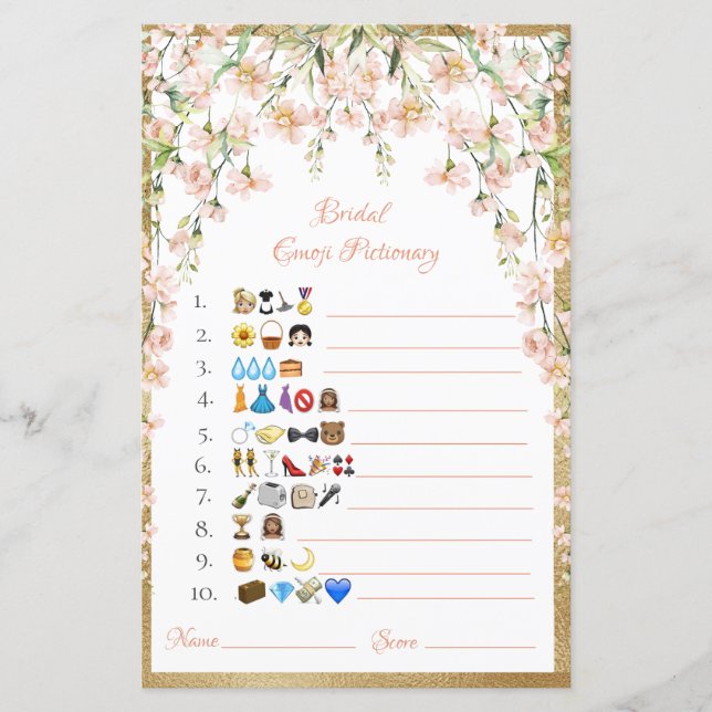 Bridal Emoji Pictionary Caucasian Game Paper Sheet (Vorderseite)