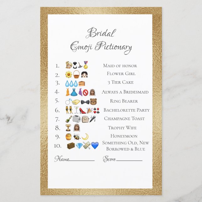 Bridal Emoji Pictionary Game Ansers Paper Sheet (Vorderseite)