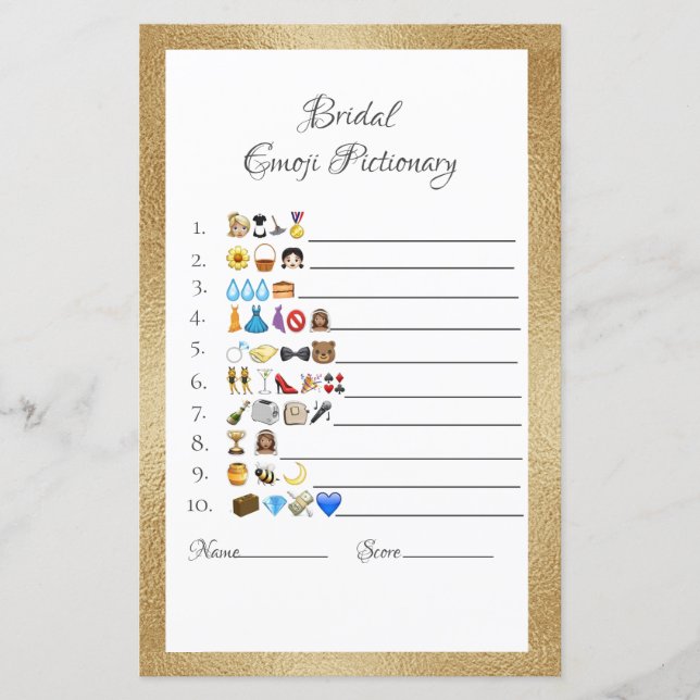 Bridal Emoji Pictionary Game Paper Sheet (Vorderseite)