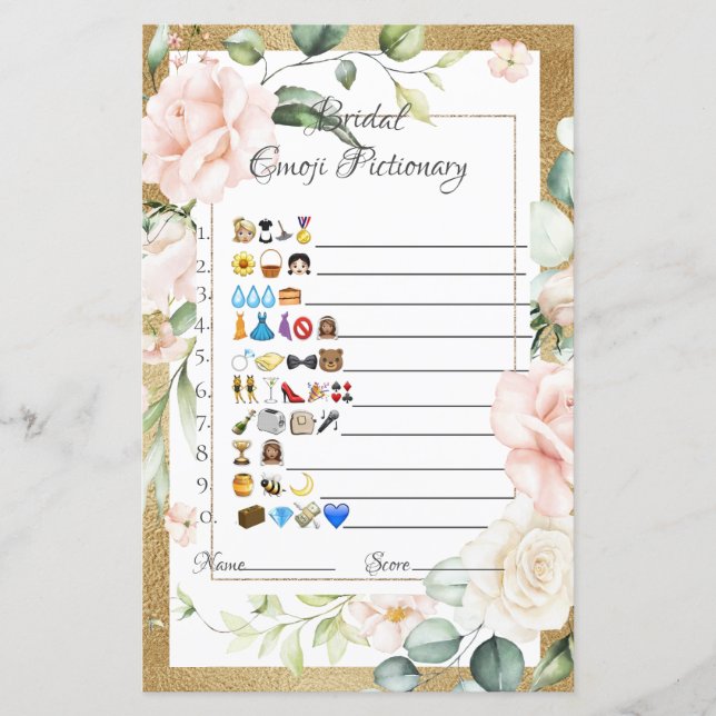 Bridal Emoji Pictionary Game Paper Sheet (Vorderseite)