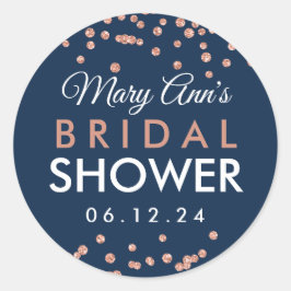 Bridal Favor Tag Rose Gold Glitzer Confetti Navy Runder Aufkleber