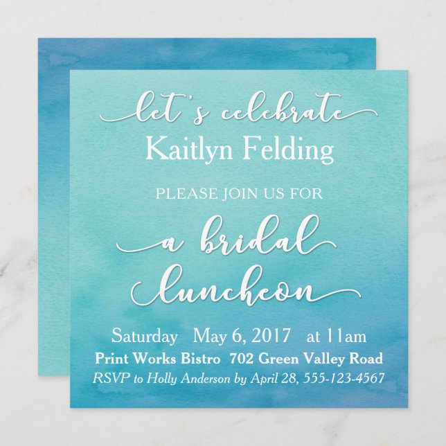 Bridal Luncheon Aquamarin & Blue Watercolor Ombre Einladung (Vorne/Hinten)